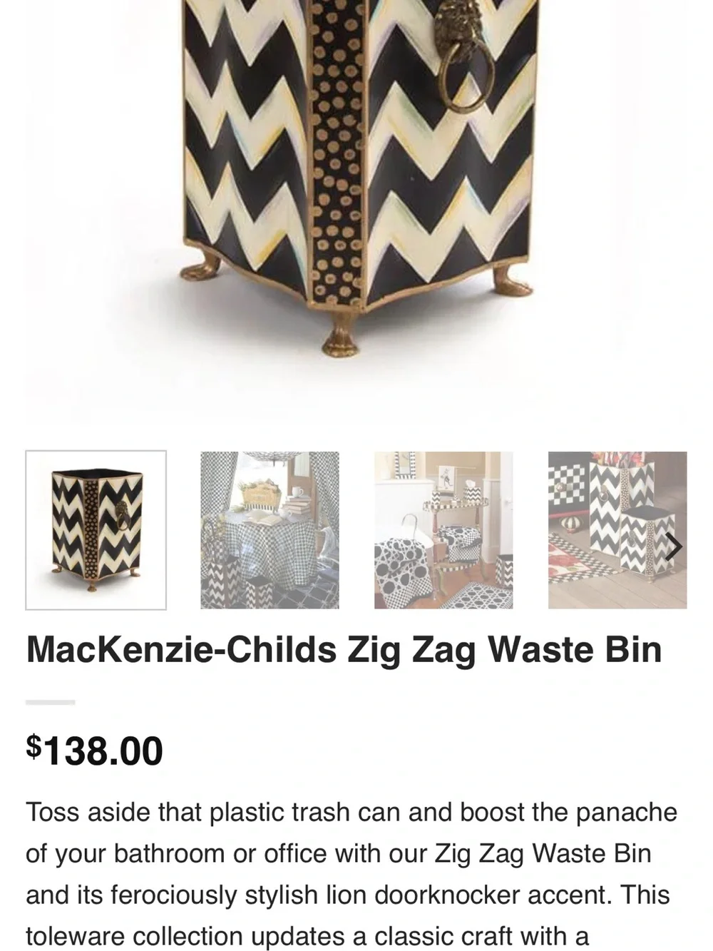 MacKenzie-Childs Black and Cream Chevron Waste Bin with Gold Accents